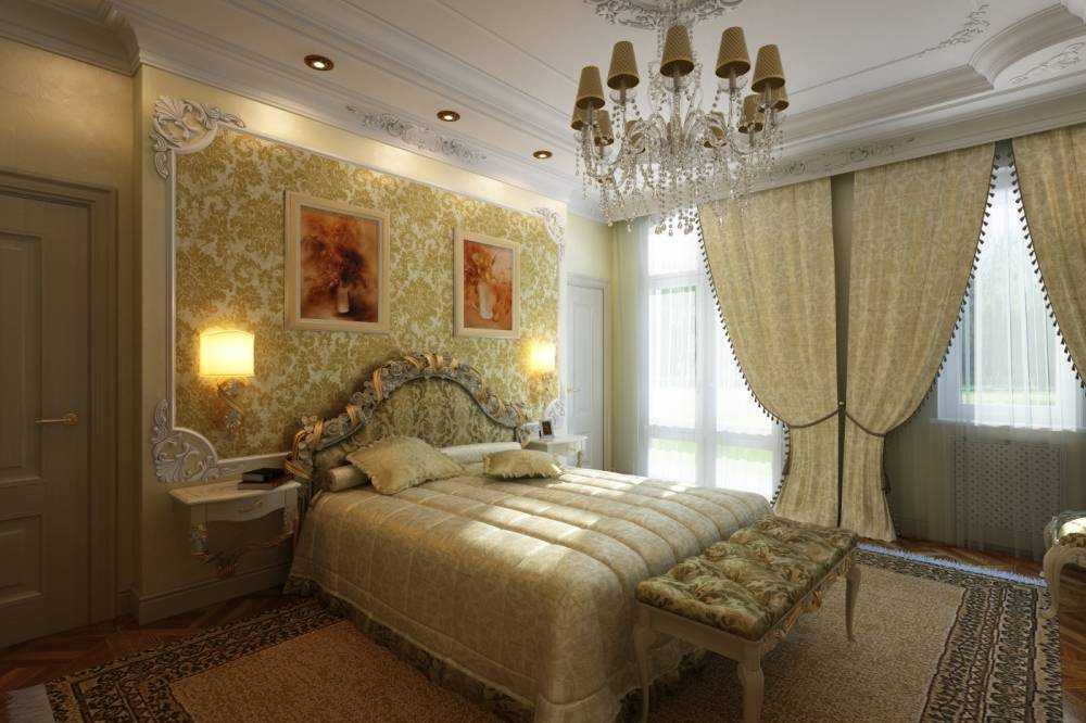 Спальня в классическом стиле в светлых тонах с коричневой мебелью .