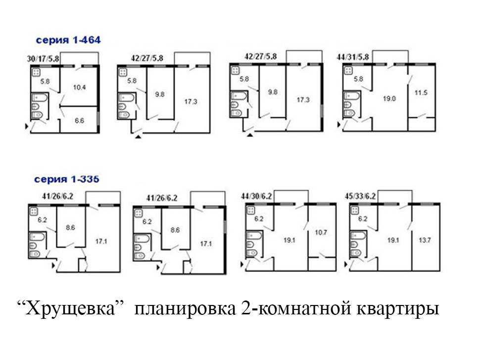 Типовые планировки хрущевки 1,2,3,4 -комнатных квартир с размерами