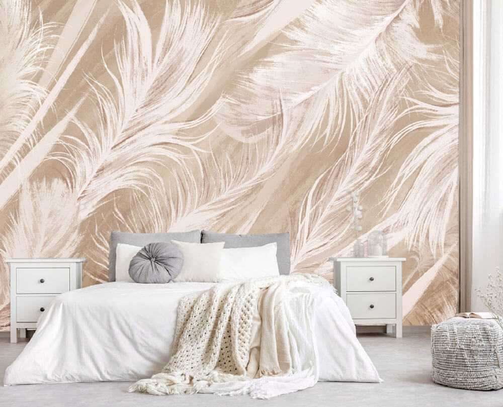 Обои перышки в интерьереФотообои Фламинго в интерьере Фрески Affresco trend Art ab477-col1 Спальня с перьями Фреска перья в интерьере Фотообои перья воздушные - 290x275 см, экофлизелин Фреска пальмовые листья в интерьере Обои в виде перьев Перья в интерье